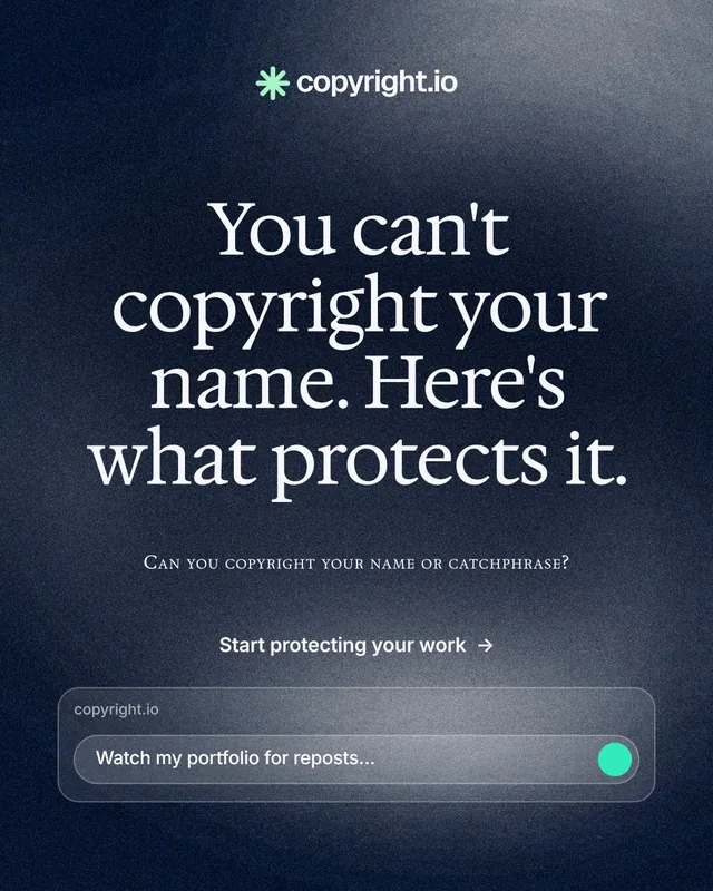 Instagram portrait post for copyright.io: "You can't copyright your name. Here's what protects it." Cyanotype style, smallcaps layout, dark palette in grey, black, blue.