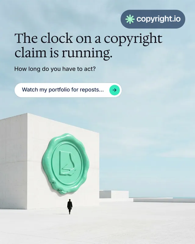 Instagram portrait post for copyright.io: "The clock on a copyright claim is running." Agentic glass style, bottom layout, light palette in teal, grey, white.