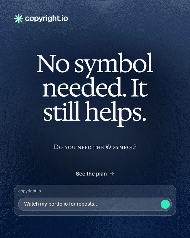 Instagram portrait post for copyright.io: "No symbol needed. It still helps." Swiss style, smallcaps layout, dark palette in blue.
