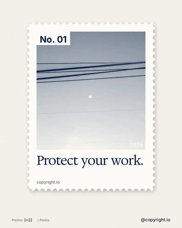 Instagram portrait post for copyright.io: "Protect your work." Single style, technique:stamp series layout, light palette in white, grey.