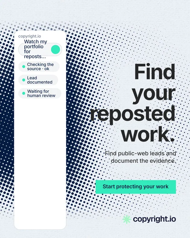 Instagram portrait post for copyright.io: "Find your reposted work." Swiss style, right layout, light palette in white, grey, blue.