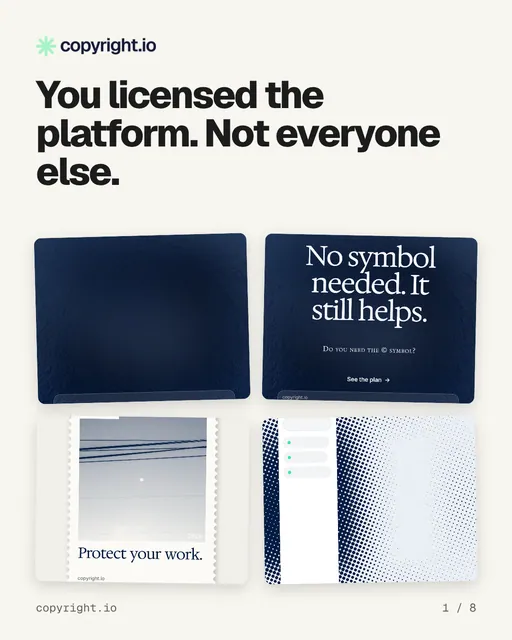 Carousel for copyright.io: "You licensed the platform. Not everyone else.". Collection carousel, 8 slides, light palette.
