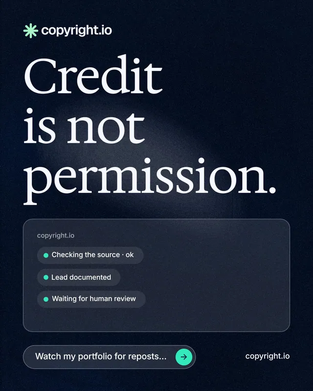 Instagram portrait post for copyright.io: "Credit is not permission." Thermal style, poster layout, dark palette in blue, black, grey.