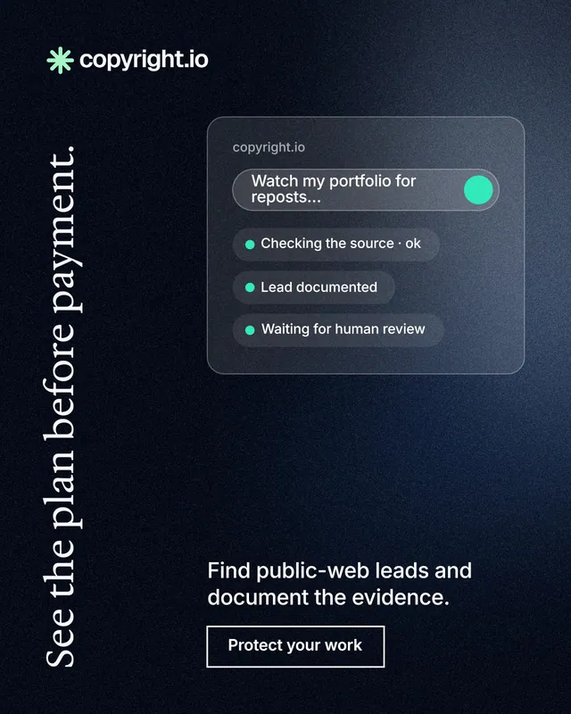 Instagram portrait post for copyright.io: "See the plan before payment." Dark deco style, vertical layout, dark palette in black, blue, grey.