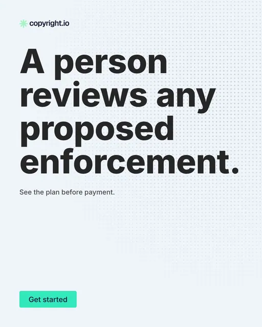 Video for copyright.io: "A person reviews any proposed enforcement.". Doc motion loop, 6.0 s, light palette.
