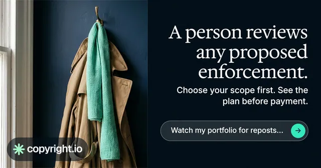 Social ad for copyright.io: "A person reviews any proposed enforcement." Agentic glass style, right layout, dark palette in black, grey.