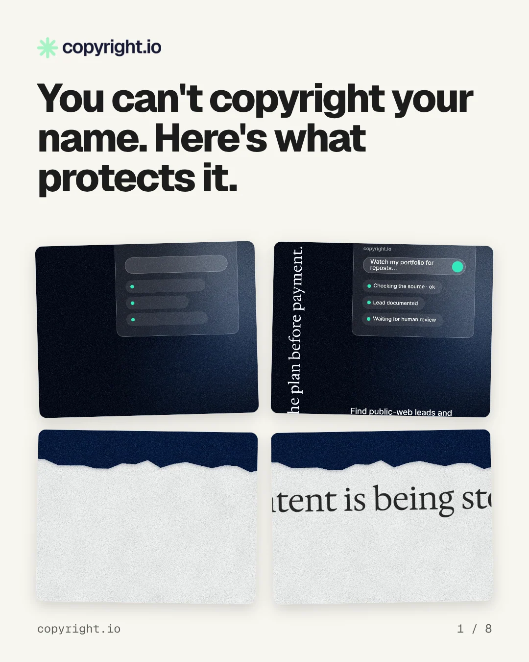 Carousel for copyright.io: "You can't copyright your name. Here's what protects it.". Collection carousel, 8 slides, light palette.