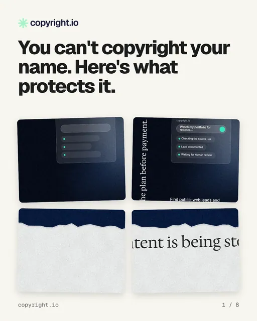 Carousel for copyright.io: "You can't copyright your name. Here's what protects it.". Collection carousel, 8 slides, light palette.