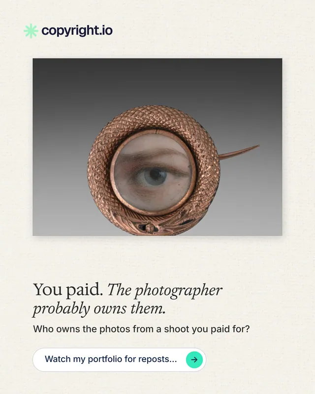 Instagram portrait post for copyright.io: "You paid. The photographer probably owns them." Agentic glass style, bottom layout, light palette in grey, white.