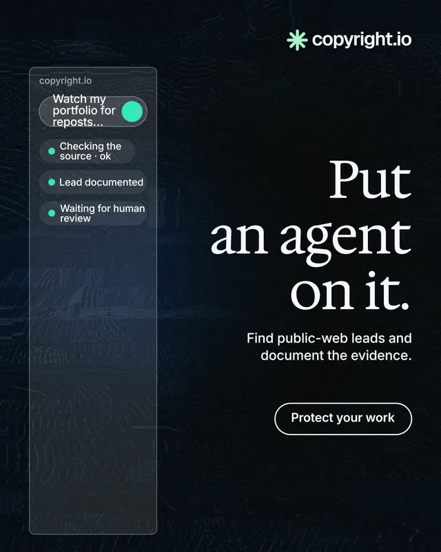 Instagram portrait post for copyright.io: "Put an agent on it." Phosphor atlas style, right layout, dark palette in black, grey.