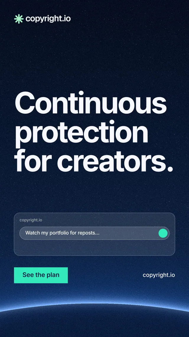 Instagram story for copyright.io: "Continuous protection for creators." Swiss style, poster layout, dark palette in black, blue.