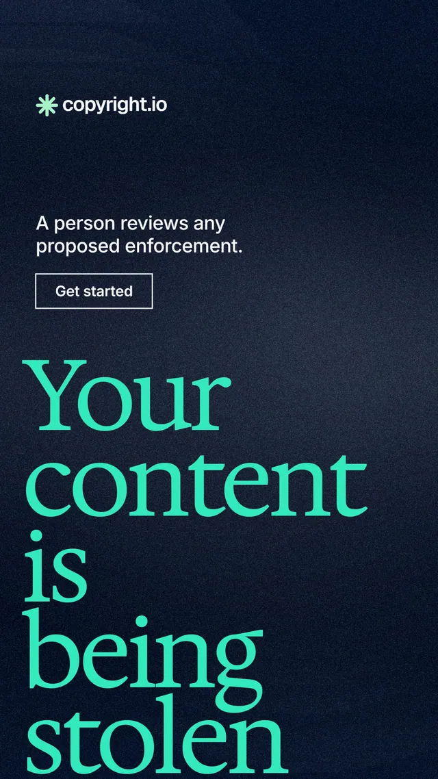 Instagram story for copyright.io: "Your content is being stolen." Cyanotype style, oversized layout, dark palette in black, blue, teal.