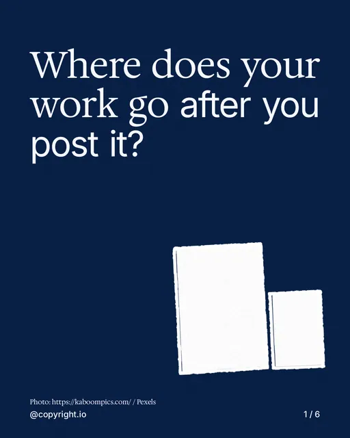 Carousel for copyright.io: "Where does your work go after you post it?". Cutout essay, 6 slides, dark palette.