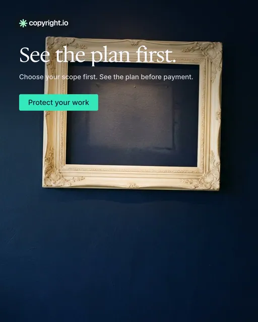 Video for copyright.io: "See the plan first.". Doc motion loop, 8.0 s, dark palette.