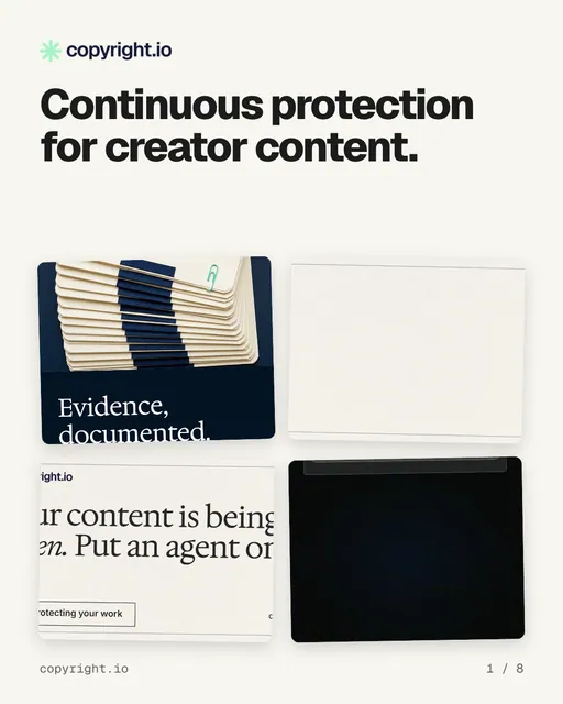 Carousel for copyright.io: "Continuous protection for creator content.". Collection carousel, 8 slides, light palette.