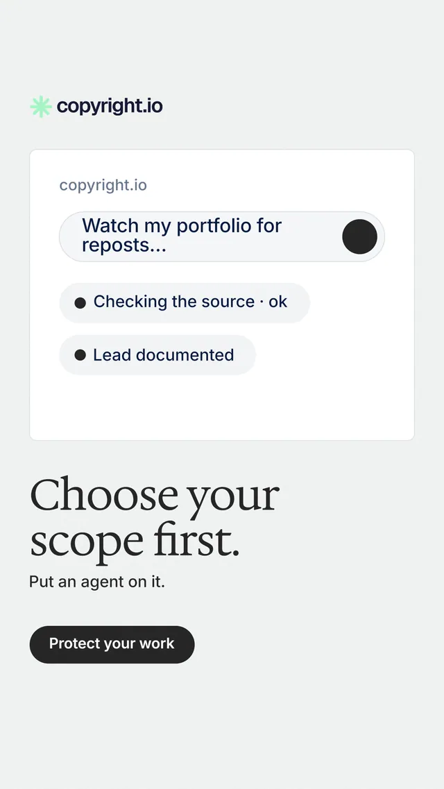 Instagram story for copyright.io: "Choose your scope first." Data card style, bottom layout, light palette in white.