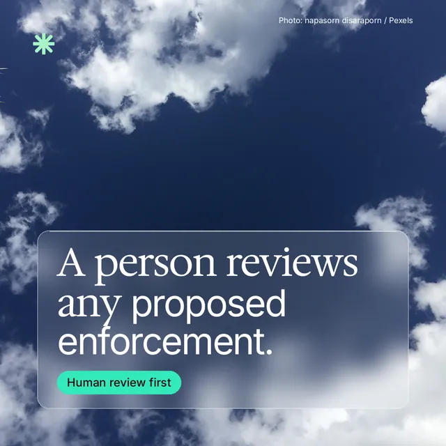Instagram post for copyright.io: "A person reviews any proposed enforcement." Glass style, technique:pexels ingredient layout, dark palette in grey, blue.