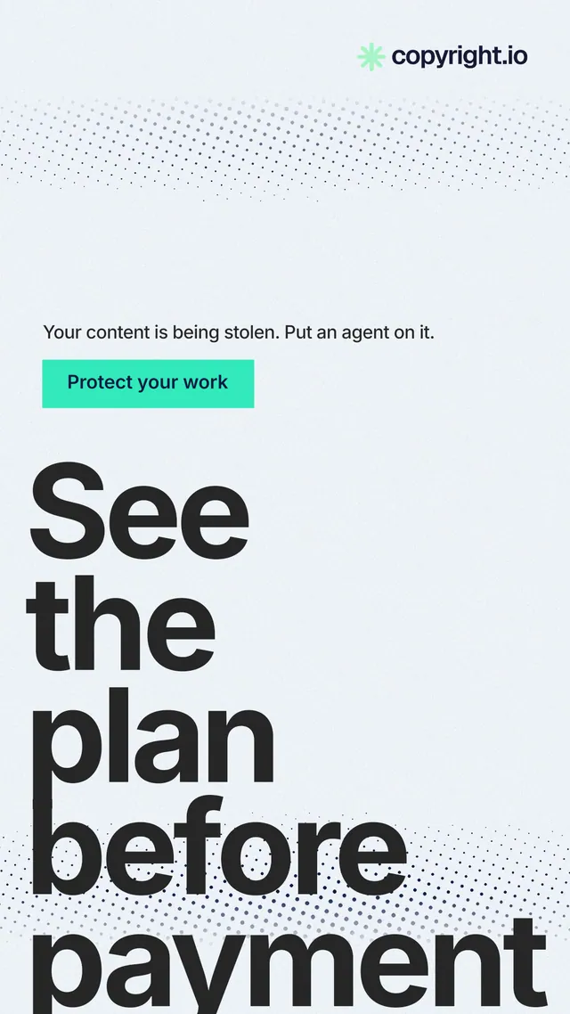Instagram story for copyright.io: "See the plan before payment." Swiss style, oversized layout, light palette in white, grey, blue.