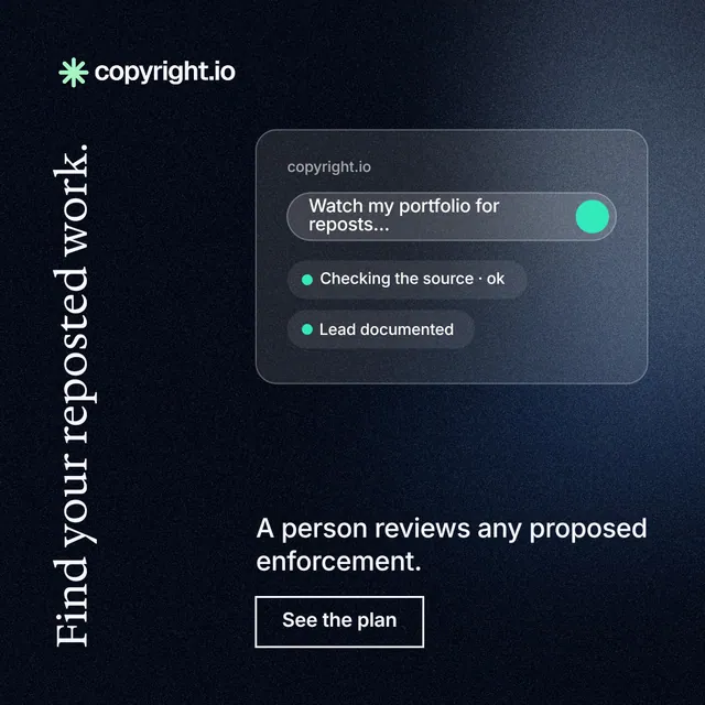 Instagram post for copyright.io: "Find your reposted work." Dark deco style, vertical layout, dark palette in black, grey, blue.