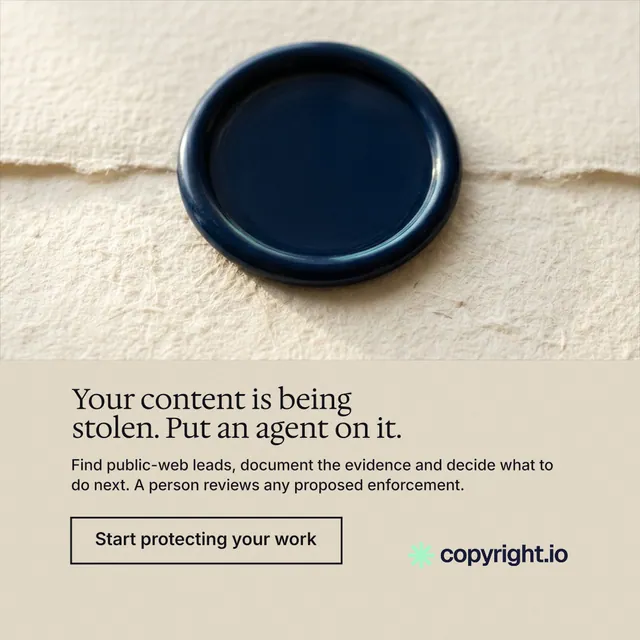 Instagram post for copyright.io: "Your content is being stolen. Put an agent on it." Editorial style, bottom layout, light palette in orange, yellow, grey.