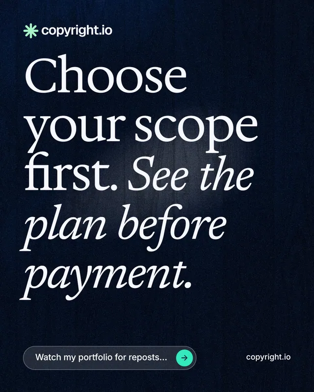 Instagram portrait post for copyright.io: "Choose your scope first. See the plan before payment." Thermal style, poster layout, dark palette in black, grey.