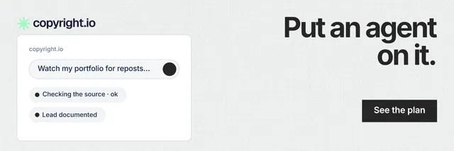 X header for copyright.io: "Put an agent on it." Swiss style, right layout, light palette in white, grey.