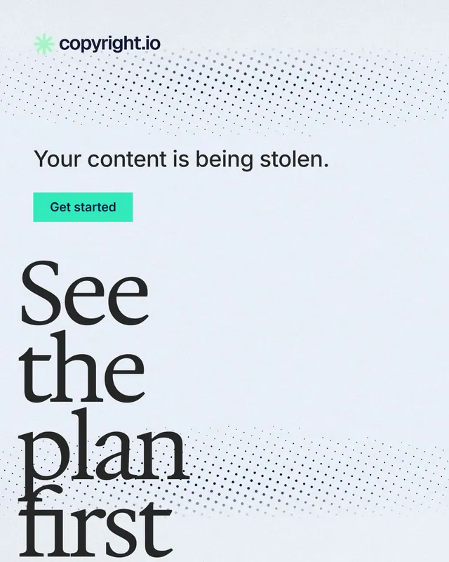 Instagram portrait post for copyright.io: "See the plan first." Swiss style, oversized layout, light palette in white, blue, grey.