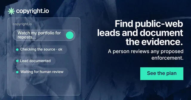 Social ad for copyright.io: "Find public-web leads and document the evidence." Swiss style, right layout, dark palette in black, blue, teal.