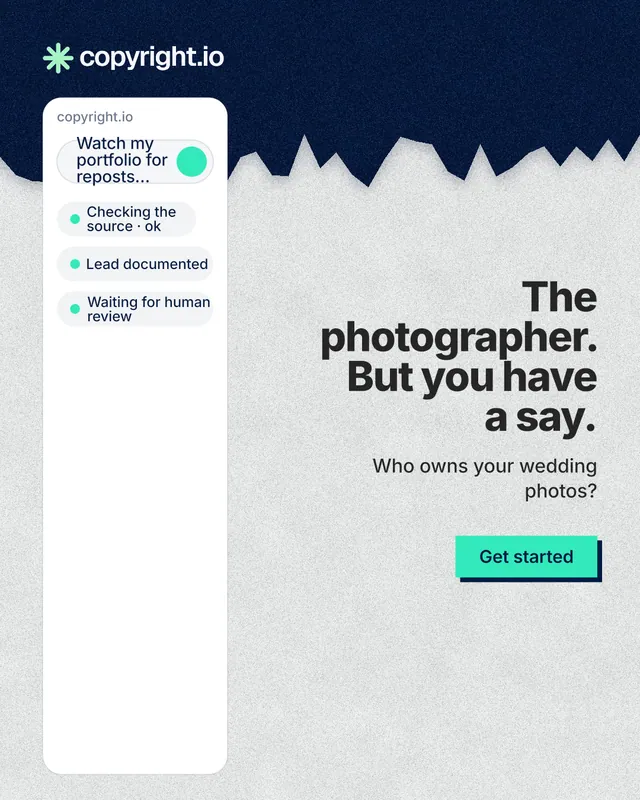 Instagram portrait post for copyright.io: "The photographer. But you have a say." Paper trio style, right layout, light palette in white, blue.
