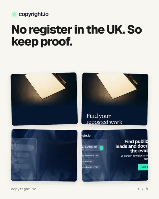 Carousel for copyright.io: "No register in the UK. So keep proof.". Collection carousel, 8 slides, light palette.