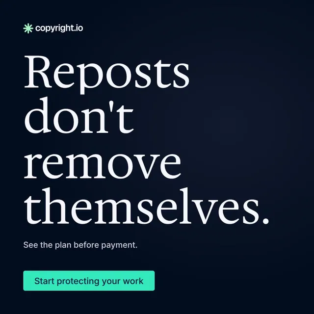 Video for copyright.io: "Reposts don't remove themselves.". Doc motion loop, 8.0 s, dark palette.