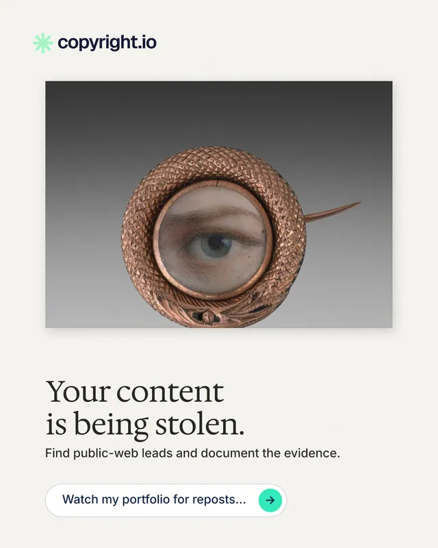 Instagram portrait post for copyright.io: "Your content is being stolen." Agentic glass style, bottom layout, light palette in white, grey.