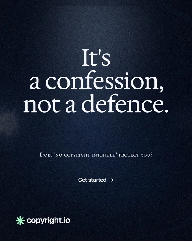 Instagram portrait post for copyright.io: "It's a confession, not a defence." Dark deco style, smallcaps layout, dark palette in blue, black, grey.