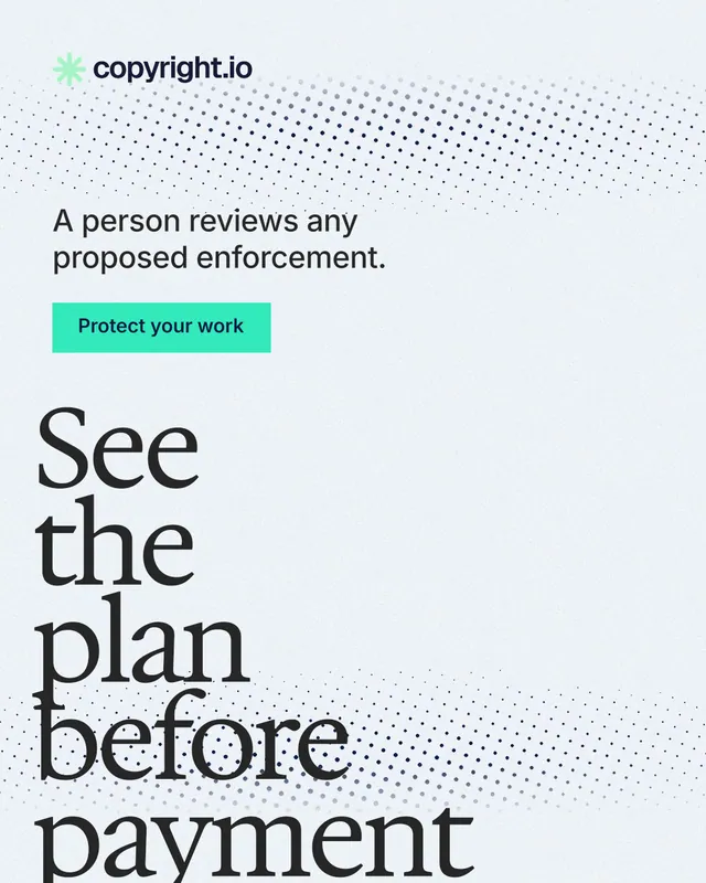 Instagram portrait post for copyright.io: "See the plan before payment." Swiss style, oversized layout, light palette in white, grey.