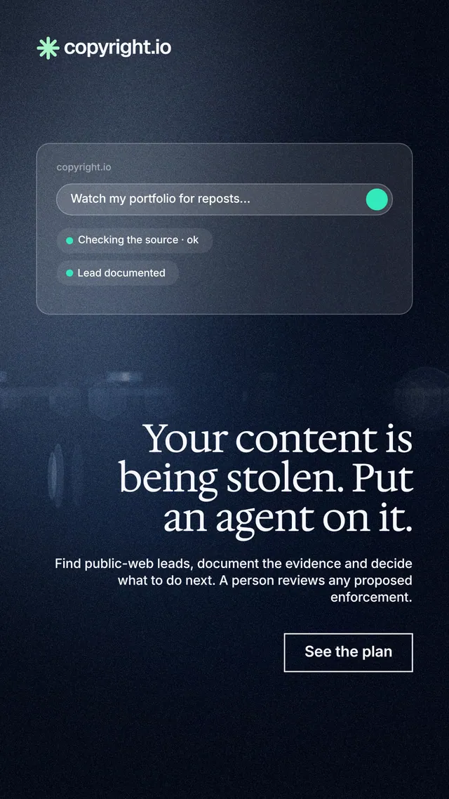 Instagram story for copyright.io: "Your content is being stolen. Put an agent on it." Dark deco style, right layout, dark palette in black, blue, grey.