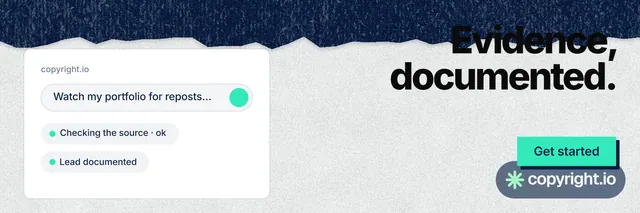 X header for copyright.io: "Evidence, documented." Paper trio style, right layout, light palette in teal, blue, white.