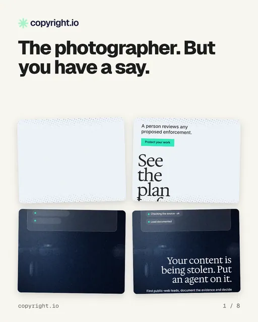 Carousel for copyright.io: "The photographer. But you have a say.". Collection carousel, 8 slides, light palette.