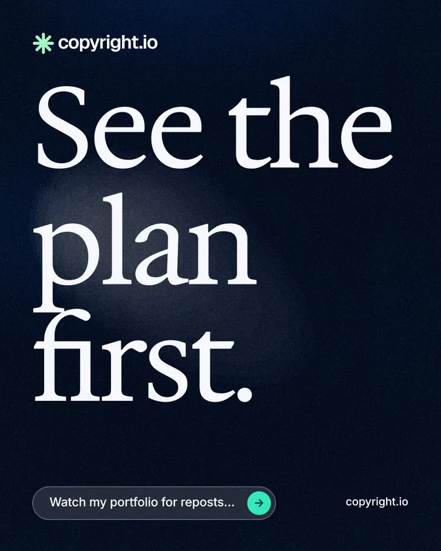 Instagram portrait post for copyright.io: "See the plan first." Thermal style, poster layout, dark palette in black, grey.
