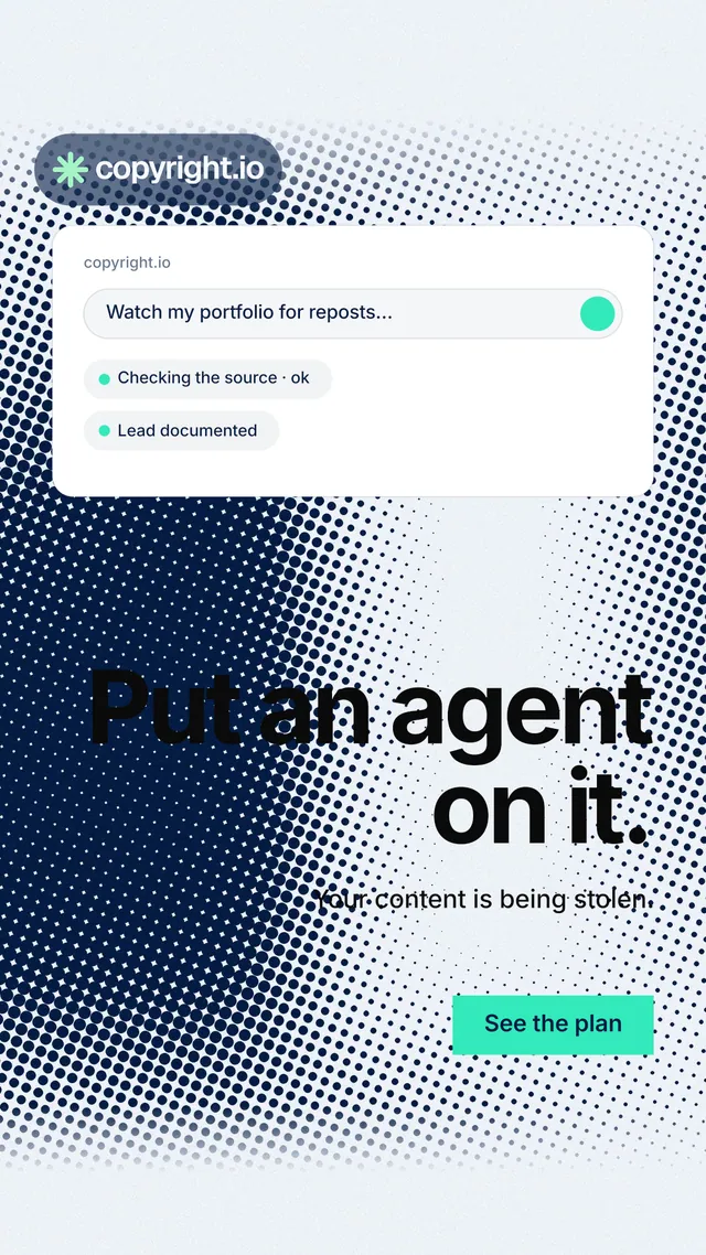 Instagram story for copyright.io: "Put an agent on it." Swiss style, right layout, light palette in white, blue, grey.