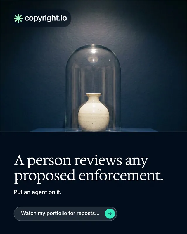 Instagram portrait post for copyright.io: "A person reviews any proposed enforcement." Agentic glass style, bottom layout, dark palette in blue, black, grey.