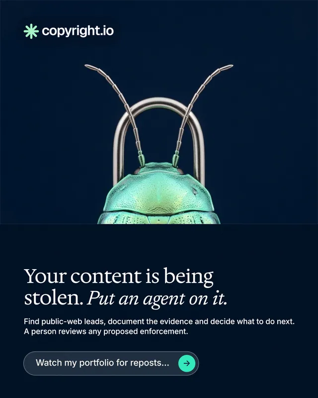 Instagram portrait post for copyright.io: "Your content is being stolen. Put an agent on it." Agentic glass style, bottom layout, dark palette in black, blue.