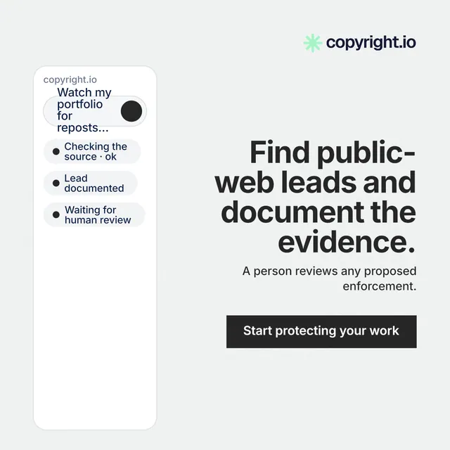 Instagram post for copyright.io: "Find public-web leads and document the evidence." Swiss style, right layout, light palette in white, grey.