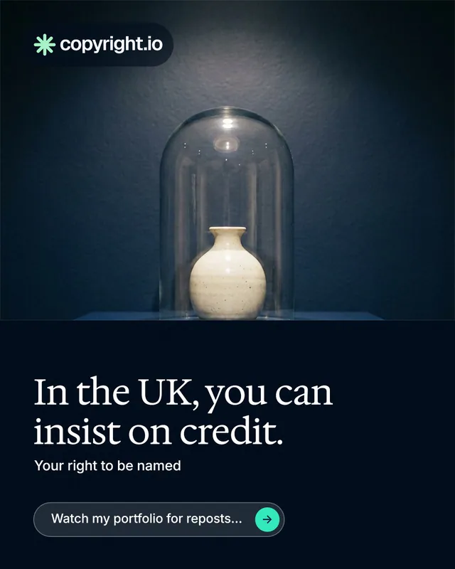 Instagram portrait post for copyright.io: "In the UK, you can insist on credit." Agentic glass style, bottom layout, dark palette in black, blue, grey.