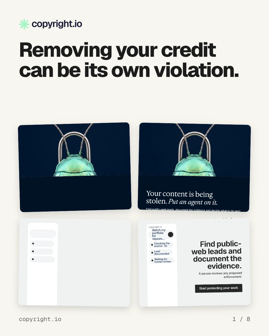 Carousel for copyright.io: "Removing your credit can be its own violation.". Collection carousel, 8 slides, light palette.
