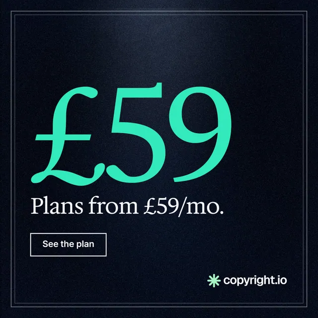 Instagram post for copyright.io: "Your content is being stolen. Put an agent on it." Dark deco style, stat layout, dark palette in black, teal.