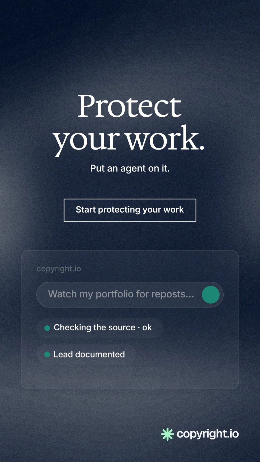 Instagram story for copyright.io: "Protect your work." Cyanotype style, centred layout, dark palette in blue, grey.