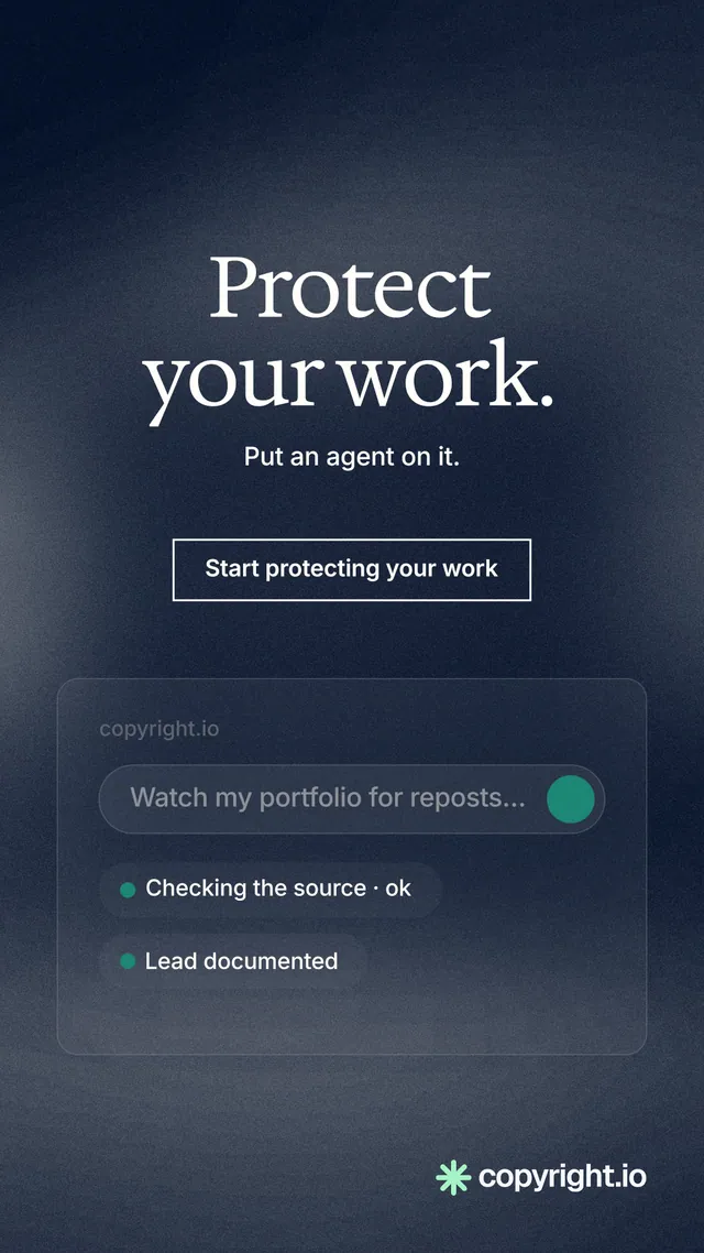 Instagram story for copyright.io: "Protect your work." Cyanotype style, centred layout, dark palette in blue, grey.