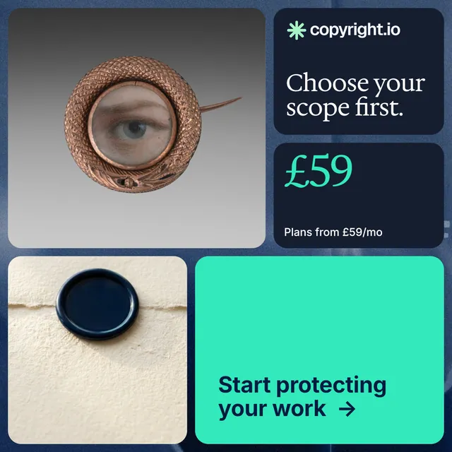 Instagram post for copyright.io: "Choose your scope first." Agentic glass style, bento layout, light palette in grey, blue, teal.