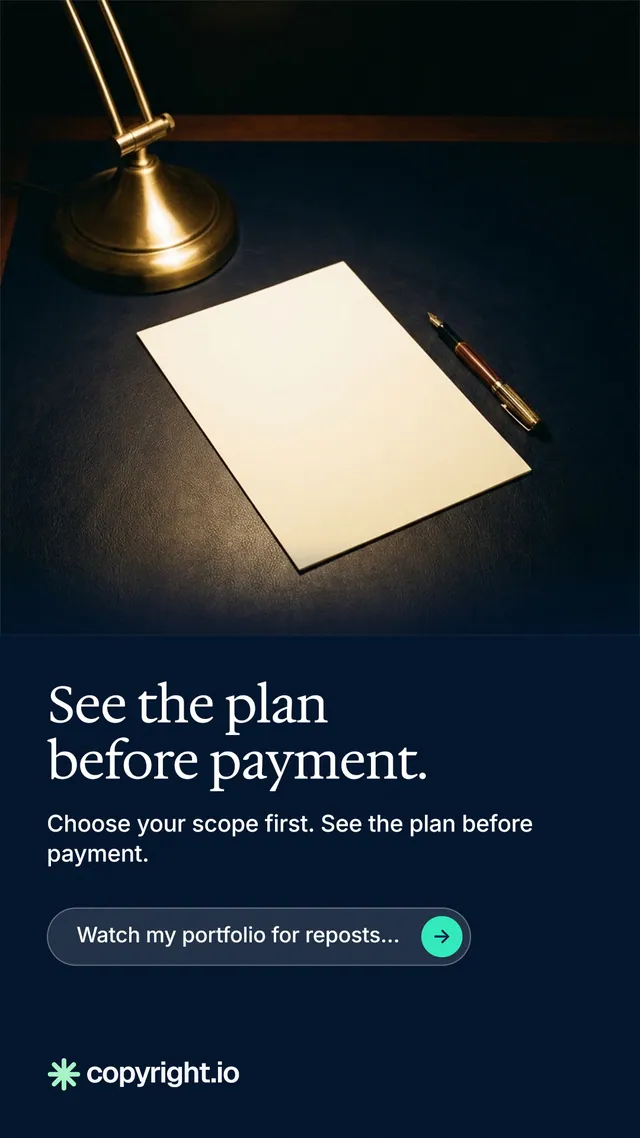 Instagram story for copyright.io: "See the plan before payment." Agentic glass style, bottom layout, dark palette in black, grey.
