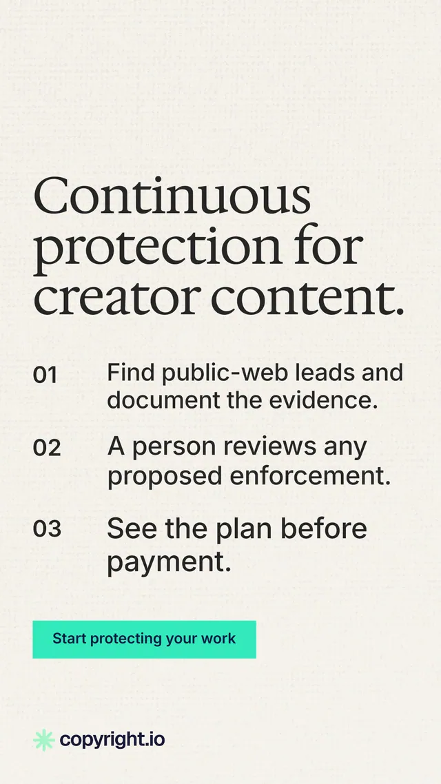 Instagram story for copyright.io: "Continuous protection for creator content." Swiss style, numbered layout, light palette in white, grey.